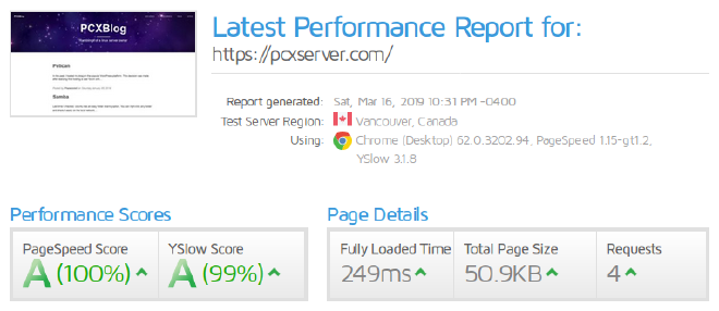 GTMetrix shows a 100% PageSpeed Score and a 99% YSlow Score, with a Fully Loaded Time of 249 milliseconds